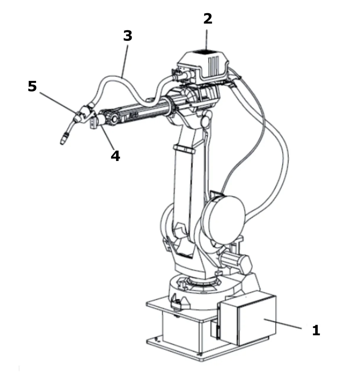 Rysunek robota spawalniczego z elementami oznaczonymi cyframi od 1 do 5