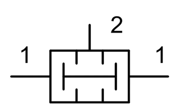 Symbol graficzny elementu pneumatycznego z dwoma przyłączami oznaczonymi 1 i przyłączem oznaczonym 2