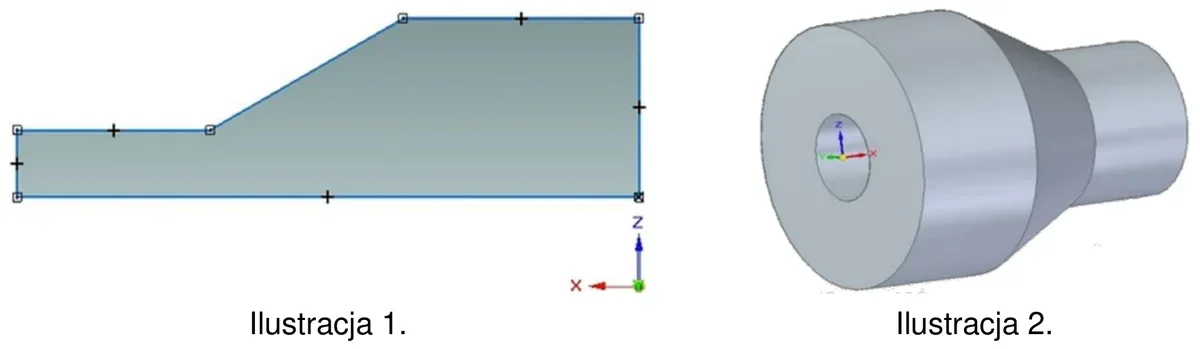 Szkic przekroju w programie CAD (ilustracja 1) i bryła 3D (ilustracja 2)