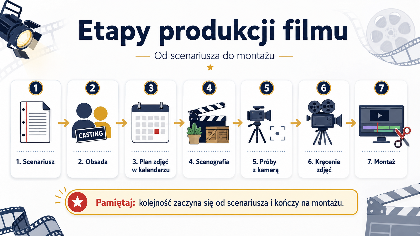 Infografika przedstawiająca 7 etapów produkcji filmu: scenariusz, obsada, plan zdjęć w kalendarzu, scenografia, próby z kamerą, kręcenie zdjęć i montaż.