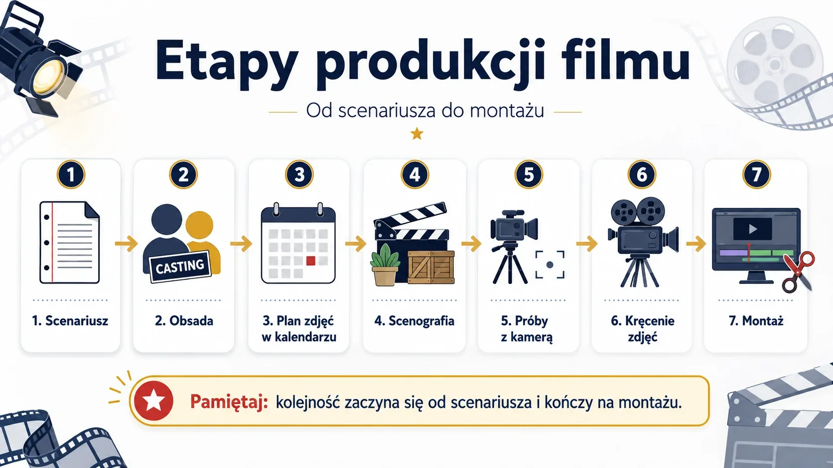 Infografika przedstawiająca 7 etapów produkcji filmu: scenariusz, obsada, plan zdjęć w kalendarzu, scenografia, próby z kamerą, kręcenie zdjęć i montaż.