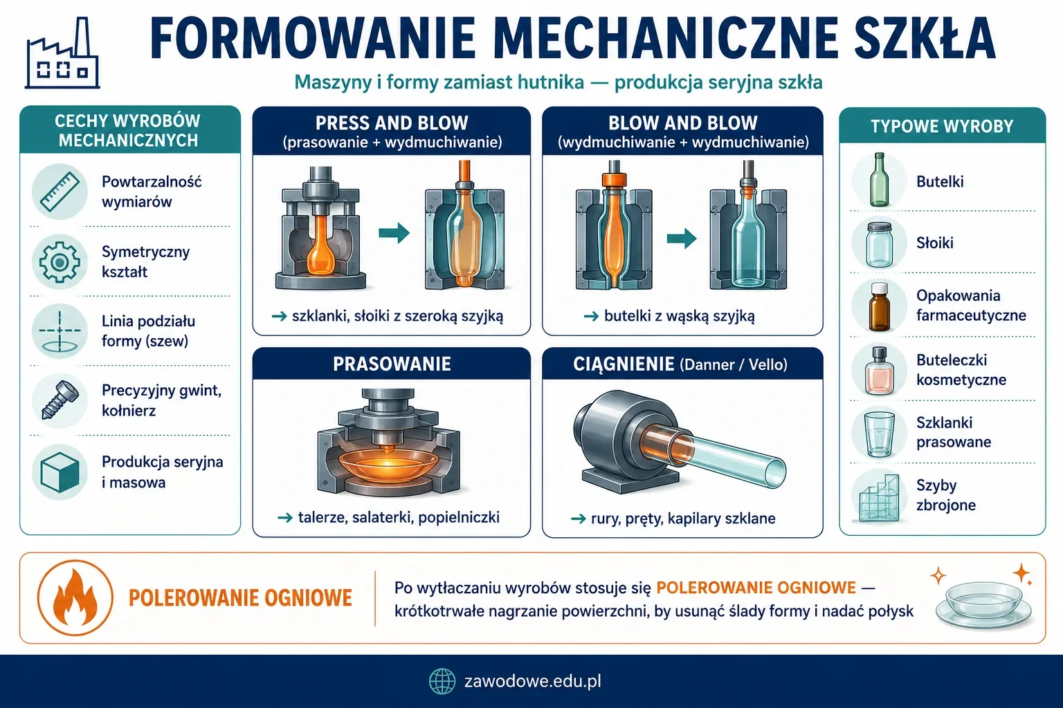 Infografika: formowanie mechaniczne szkła — metody produkcji seryjnej w przemyśle szklarskim (press and blow, blow and blow, prasowanie, ciągnienie Danner i Vello, walcowanie szkła zbrojonego) oraz cechy wyrobów mechanicznych