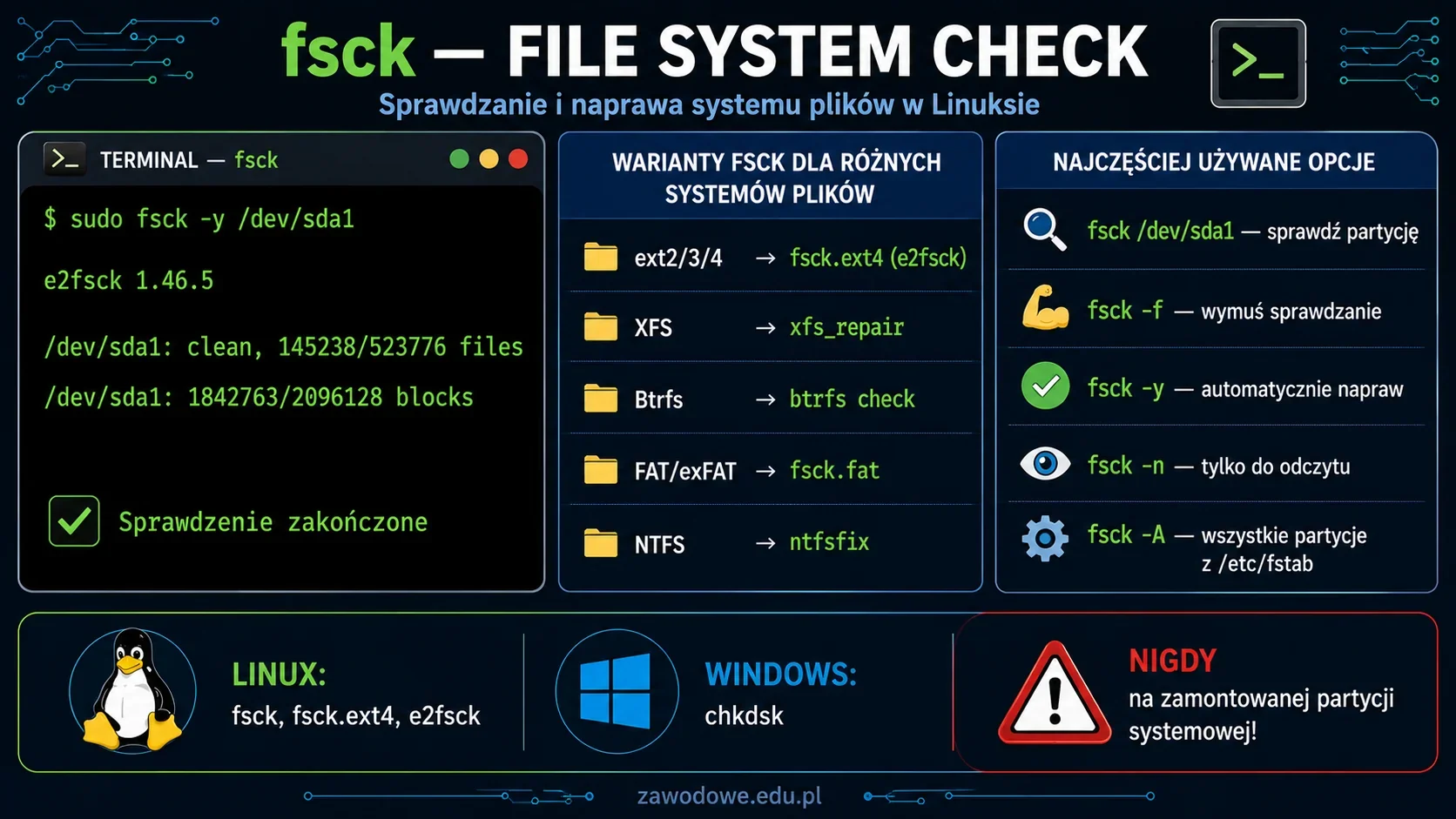 Infografika: fsck (file system check) — narzędzie Linuksa do sprawdzania i naprawy systemu plików, składnia z opcjami -f -y -n, warianty fsck dla ext4/XFS/Btrfs/FAT oraz porównanie z chkdsk w Windows