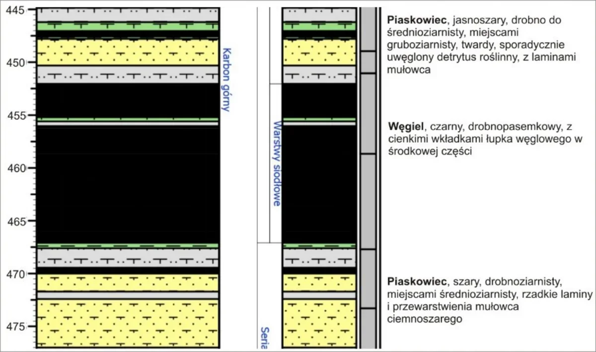 Fragment profilu geologicznego otworu w przedziale 445-475 m z warstwami piaskowca i węgla