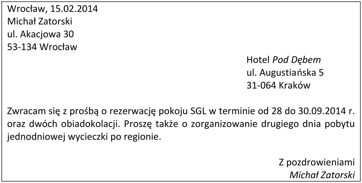 List gościa z prośbą o rezerwację pokoju i zorganizowanie wycieczki po regionie