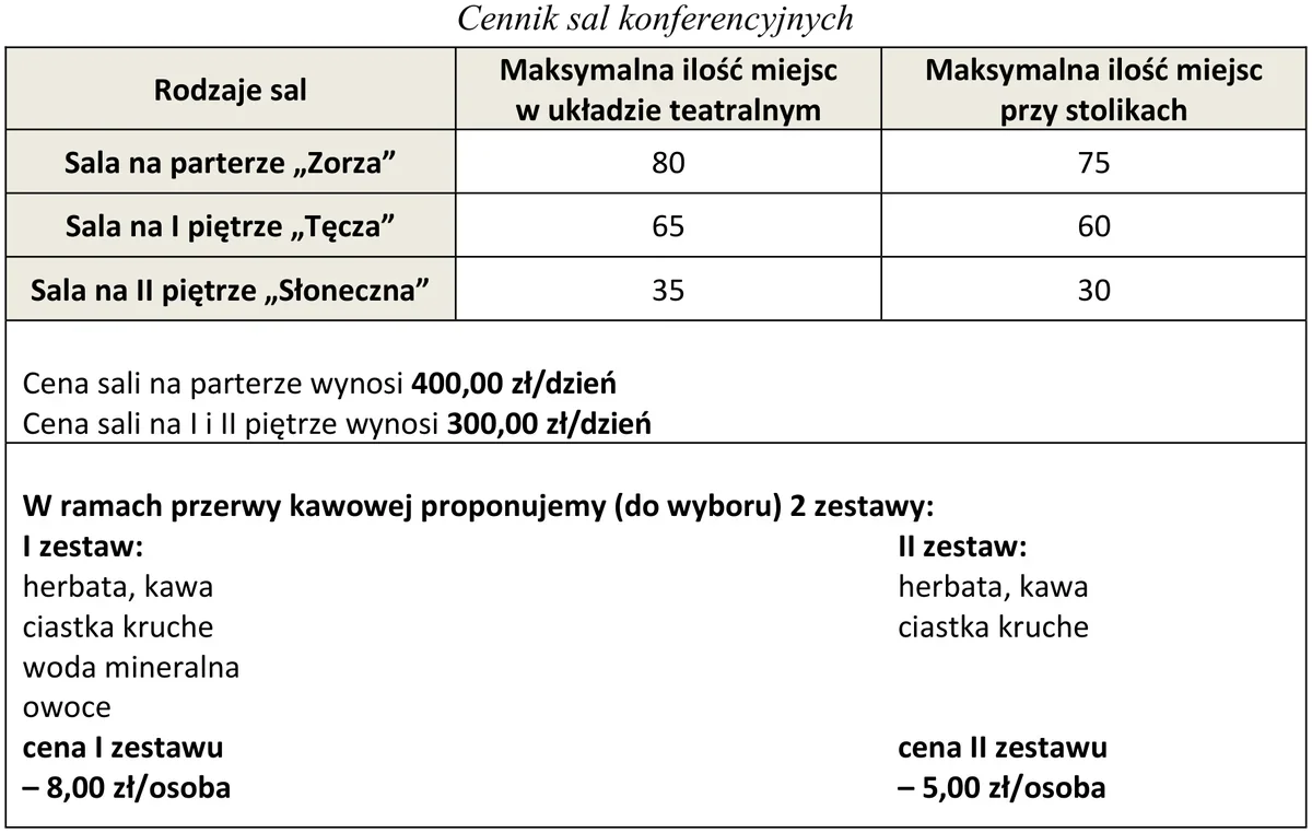 Cennik sal konferencyjnych z liczbą miejsc i zestawami przerwy kawowej