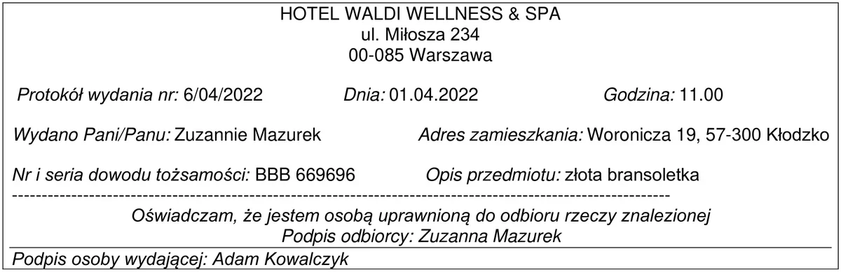 Dokument hotelu w ramce dotyczący wydania złotej bransoletki