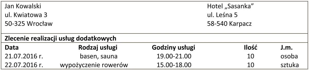 Zlecenie realizacji usług dodatkowych z datami, rodzajami usług, godzinami i liczbą osób