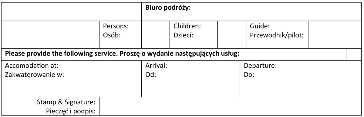 Formularz dwujęzyczny biura podróży z polami osób, usług, zakwaterowania i dat