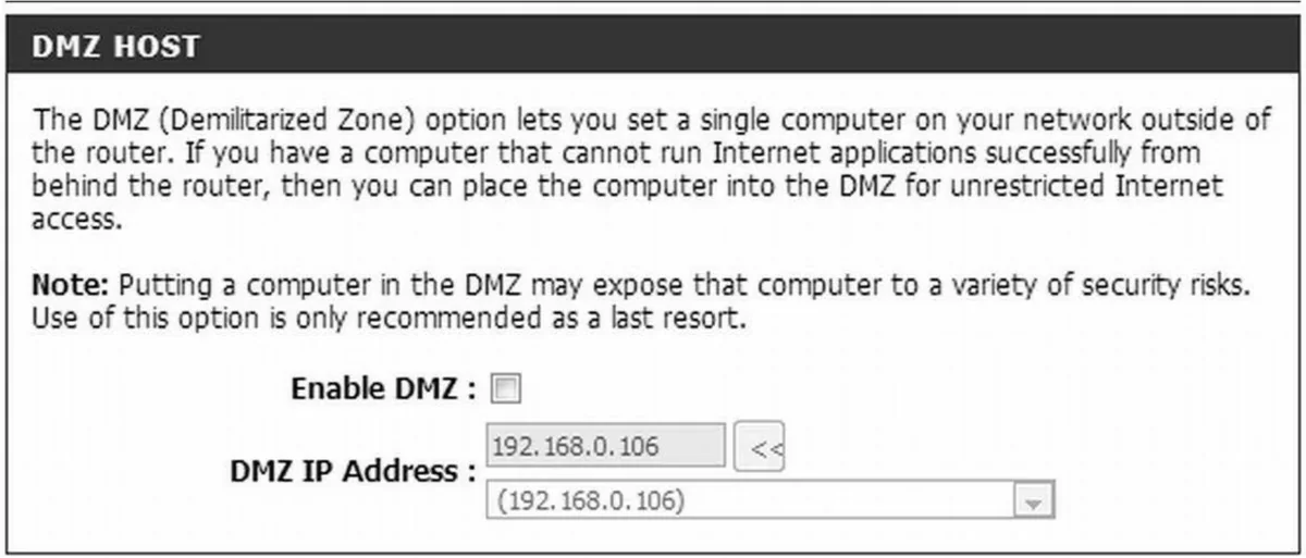 Zrzut ekranu konfiguracji DMZ HOST na routerze