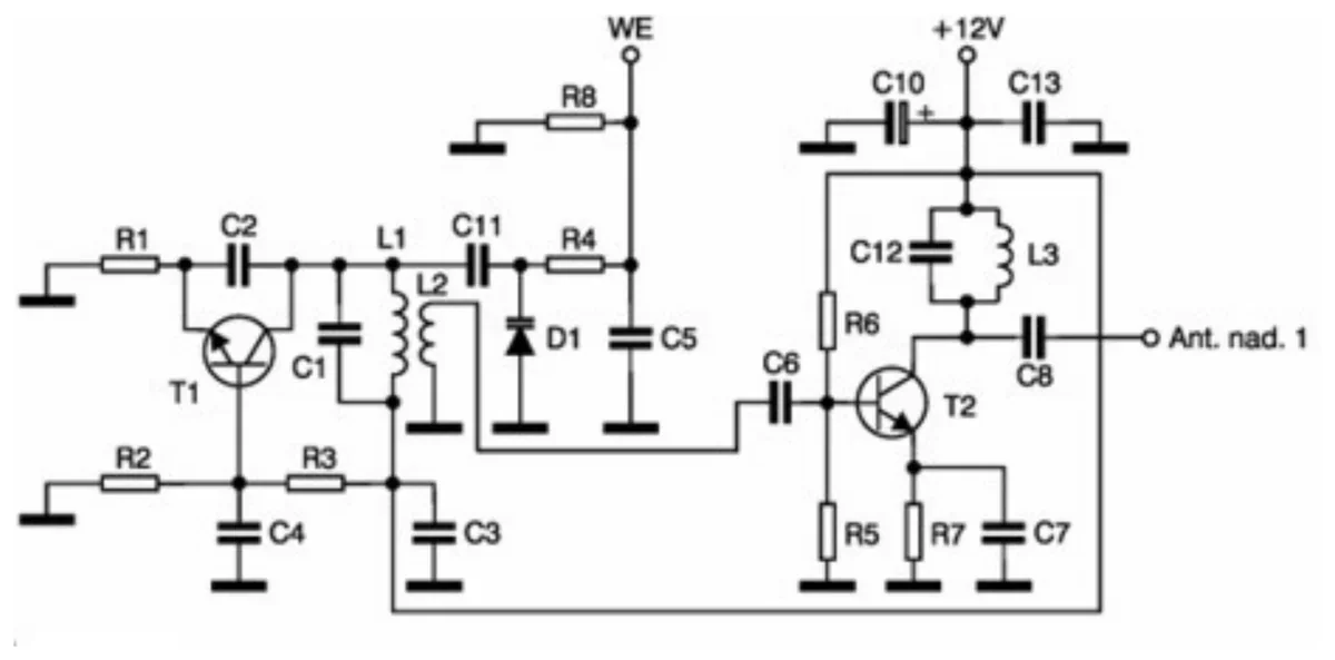 Schemat układu radiowego z tranzystorami T1 i T2, cewkami L1-L3 oraz kondensatorami C1-C13