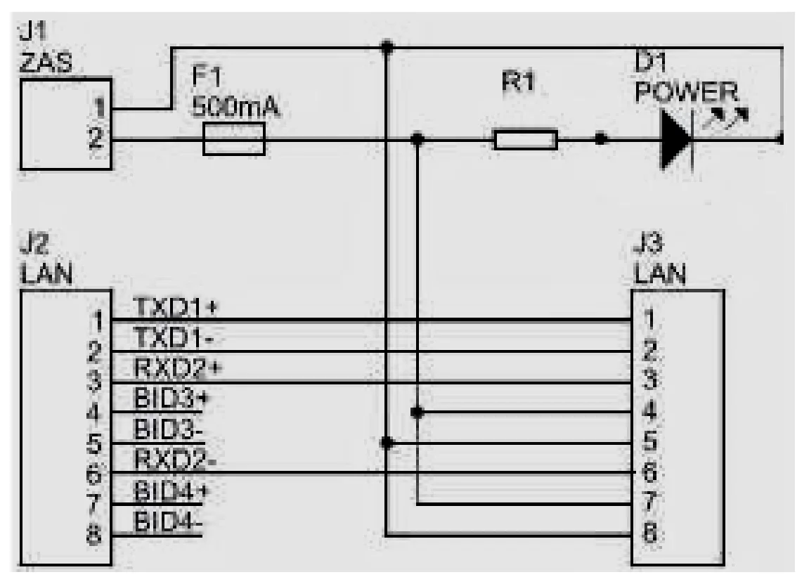 Schemat zasilania przez wolne pary łącza Ethernet z bezpiecznikiem F1, rezystorem R1 i diodą D1 POWER