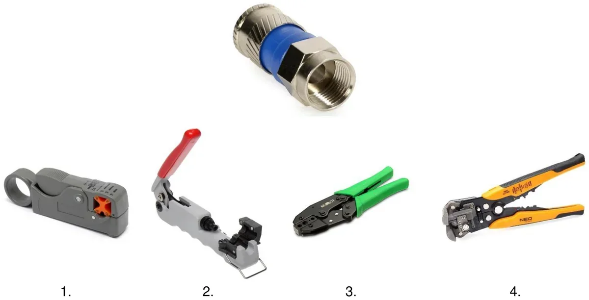 Zdjęcia złącza F na kabel koncentryczny oraz czterech narzędzi oznaczonych cyframi 1-4