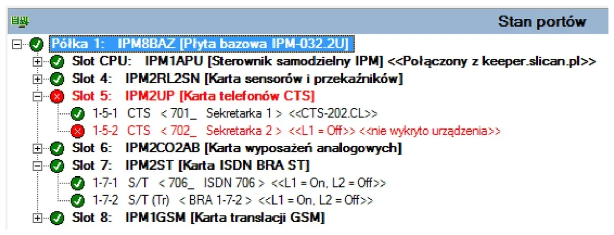 Zrzut stanu portów centrali IPM-032 z kartami CTS, ISDN BRA, analogową i GSM
