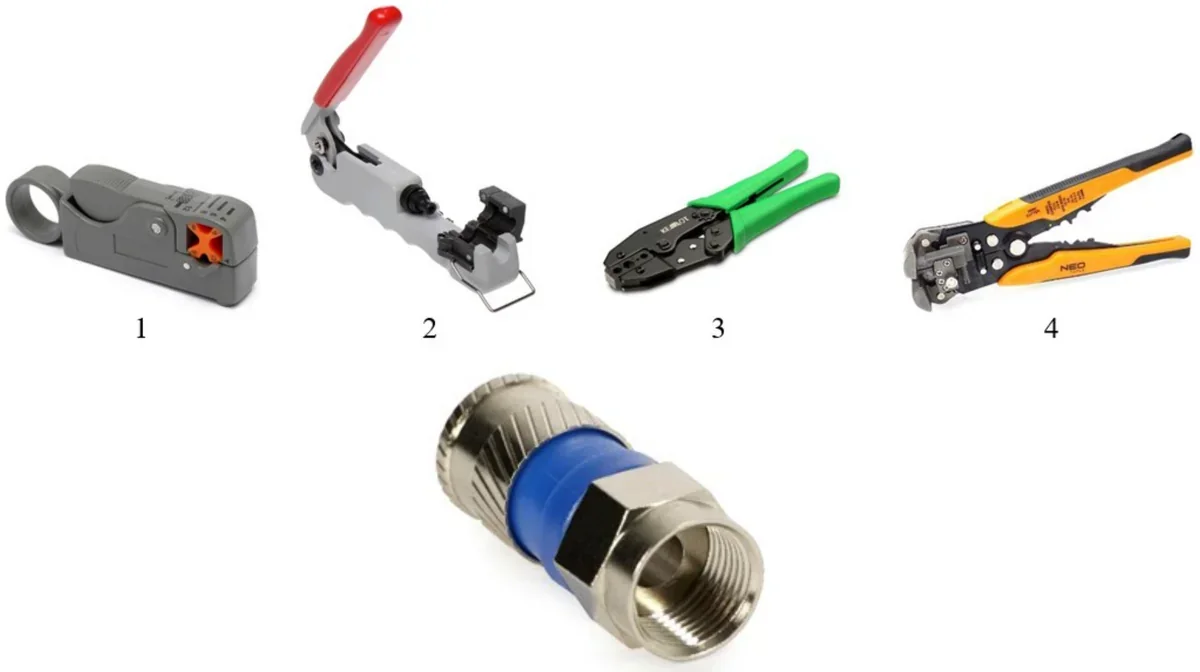 Zdjęcia czterech narzędzi oznaczonych cyframi 1-4 oraz złącza F na kabel koncentryczny