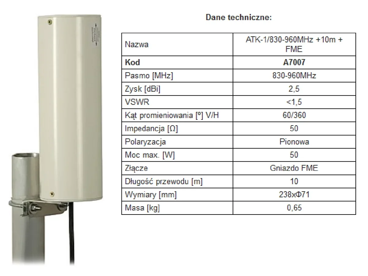 Fotografia anteny w obudowie cylindrycznej na maszcie oraz tabela danych technicznych anteny A7007