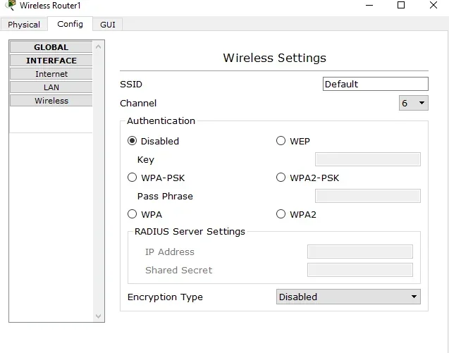 Okno konfiguracji urządzenia w programie symulacyjnym: zakładka Config z polami SSID, Channel, Authentication i Encryption Type