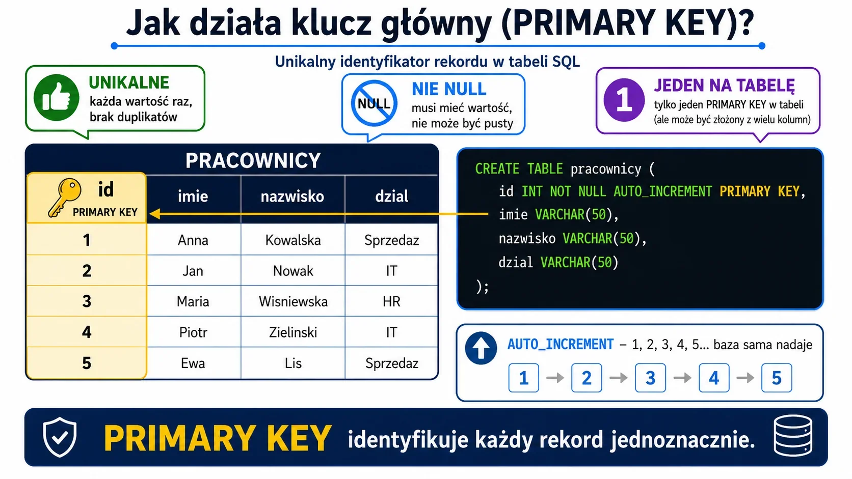 Infografika przedstawiająca klucz główny w SQL: centralna tabela pracownicy z wyróżnioną kolumną id jako PRIMARY KEY ze złotą ikoną klucza.