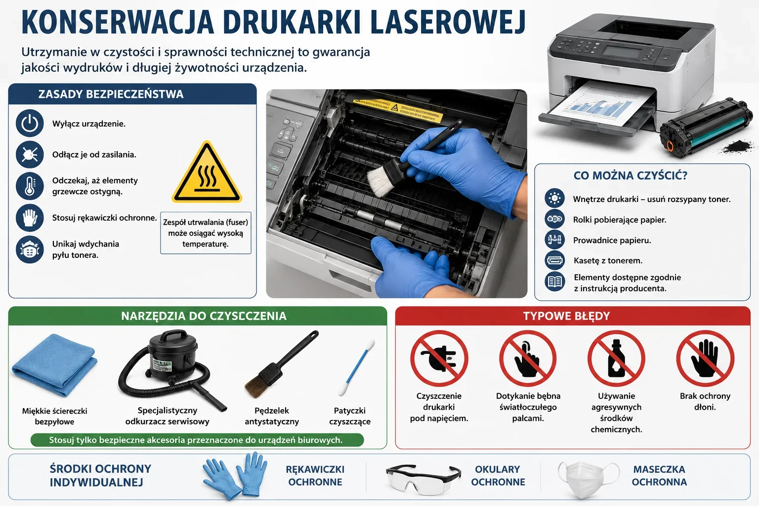 Infografika przedstawiająca konserwację drukarki laserowej: zasady bezpieczeństwa, czyszczenie wnętrza drukarki, rolek pobierających papier, prowadnic i kasety z tonerem oraz środki ochrony indywidualnej, takie jak rękawiczki, okulary i maseczka ochronna.