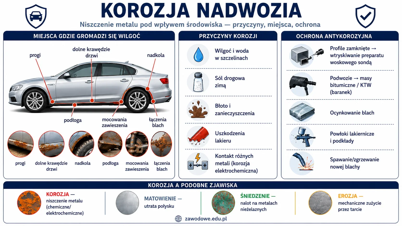 Infografika: korozja nadwozia samochodu — przyczyny (wilgoć, sól drogowa, uszkodzenia lakieru), typowe miejsca występowania, rodzaje korozji oraz metody zabezpieczenia antykorozyjnego profili zamkniętych i podwozia