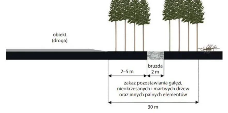 Schemat pasa przeciwpożarowego przy drodze z bruzdą 2 m i szerokością 30 m