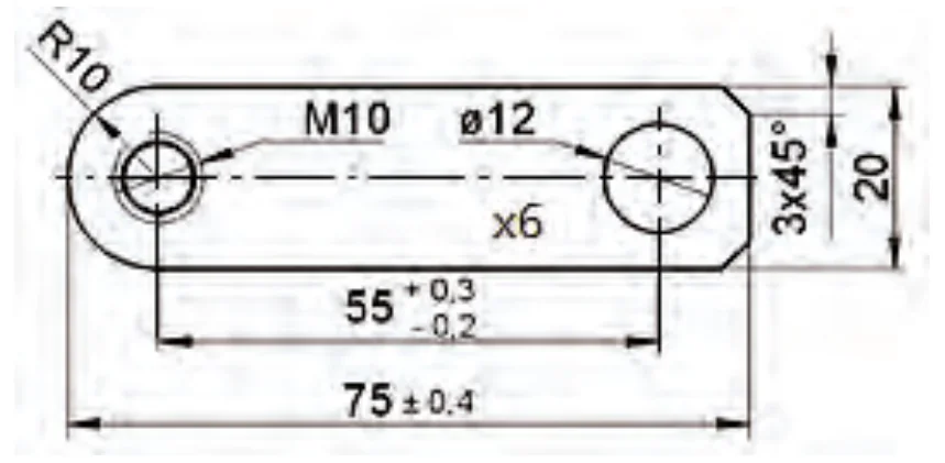 Rysunek płaskiego elementu z otworami, gwintem M10, promieniem R10 i fazami 3x45°