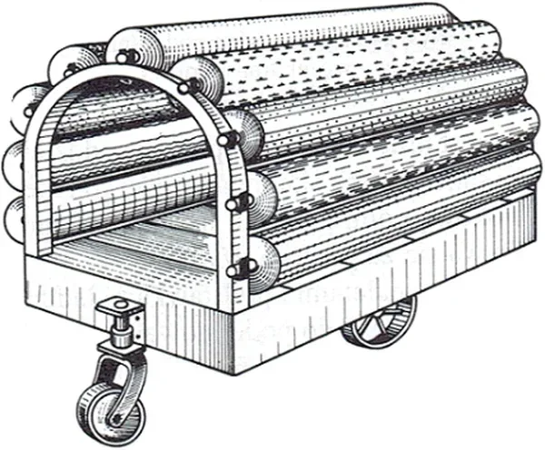 Rysunek wózka na kółkach z belami materiału
