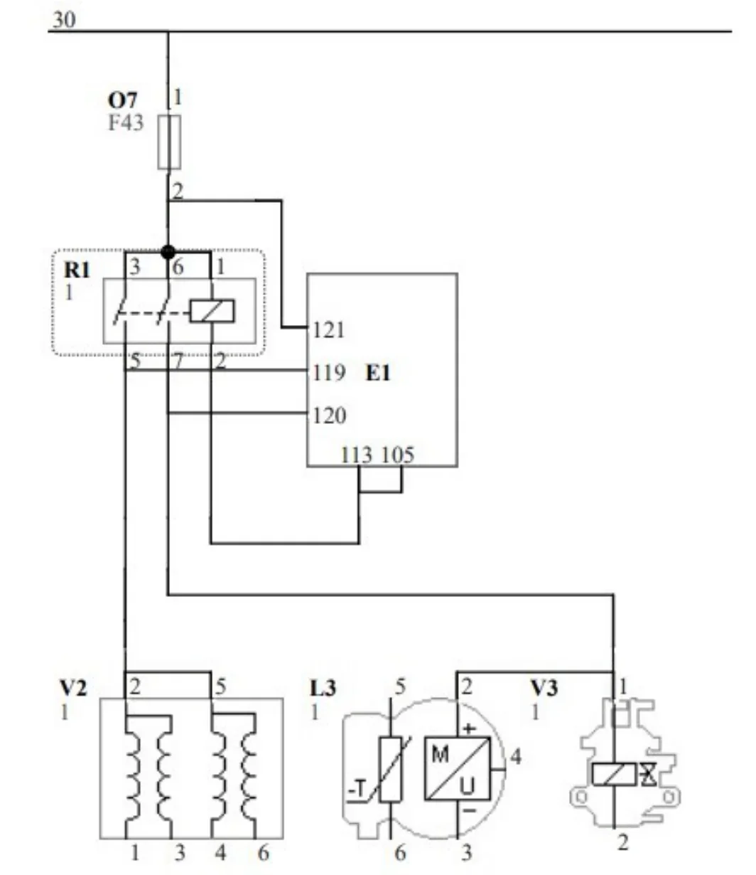 Schemat elektryczny z oznaczeniami R1, E1, V2, L3, V3