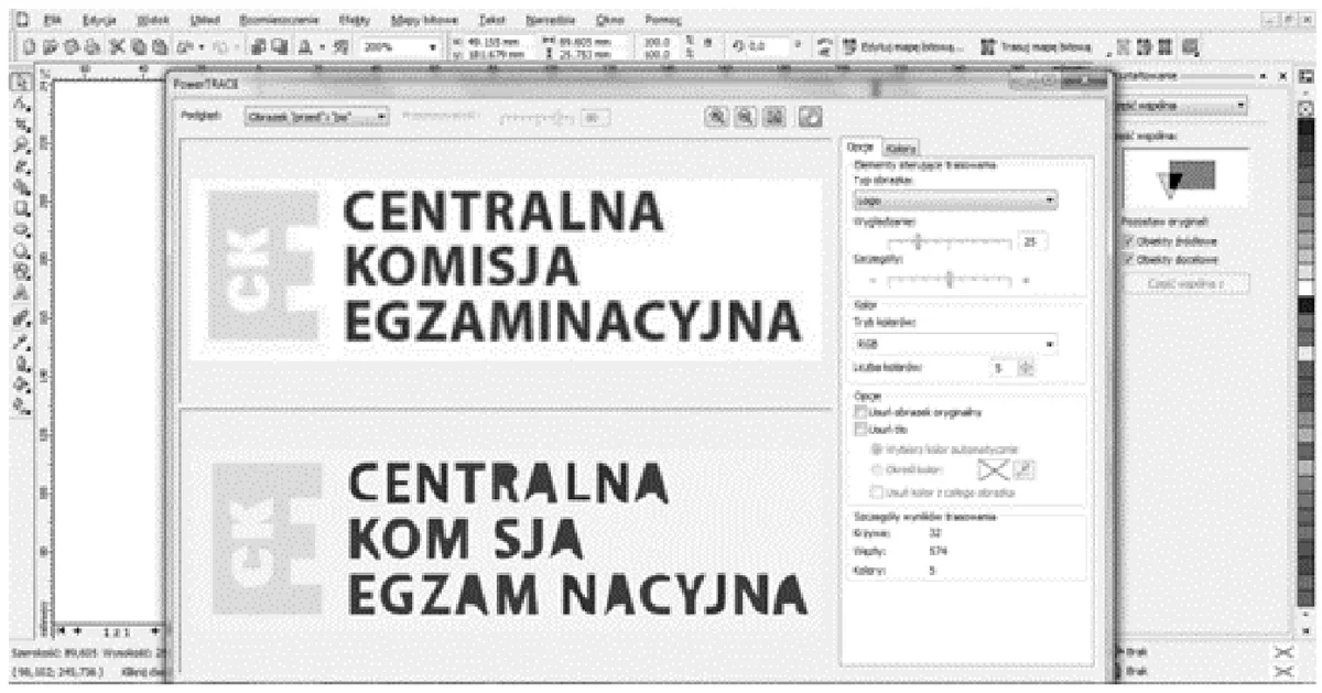 Zrzut ekranu programu graficznego z oknem trasowania mapy bitowej z logo Centralnej Komisji Egzaminacyjnej