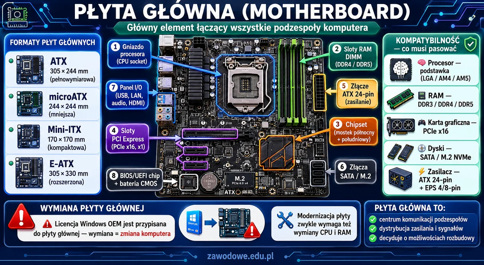 Infografika: płyta główna komputera — najważniejszy element łączący wszystkie podzespoły, z gniazdem procesora, slotami RAM, chipsetem, złączami PCIe i SATA, zasilaniem ATX 24-pin i EPS 12V oraz panelem tylnym I/O