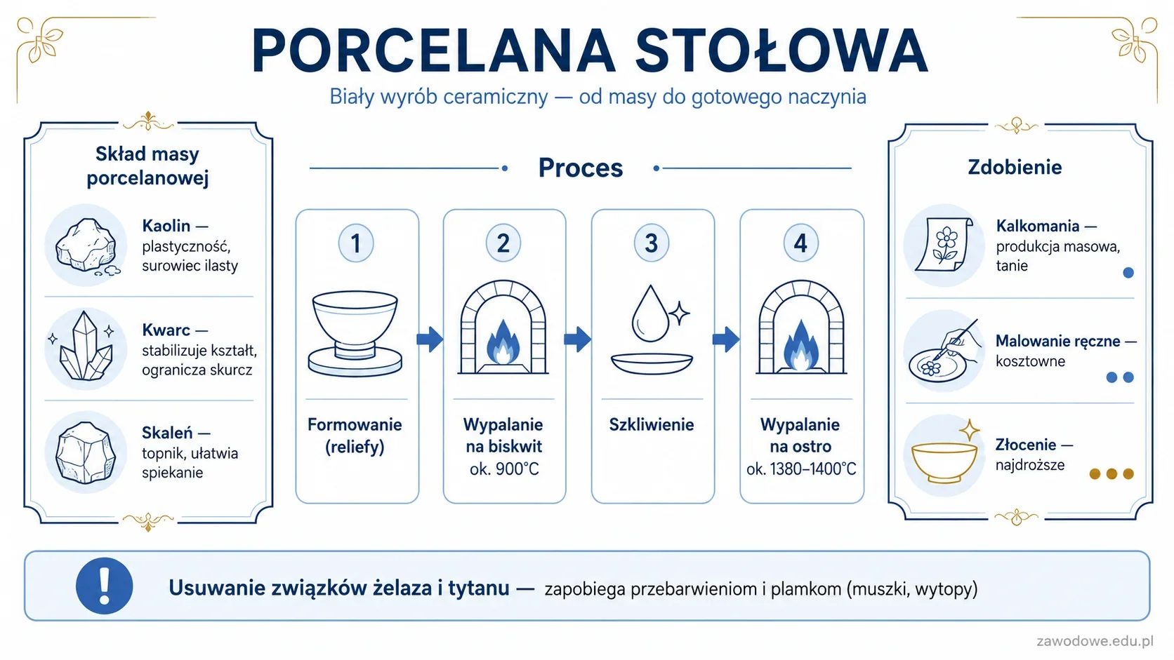 Infografika: porcelana stołowa — skład masy porcelanowej (kaolin, kwarc, skaleń), etapy produkcji od formowania przez wypalanie na biskwit i na ostro, oraz techniki zdobienia.