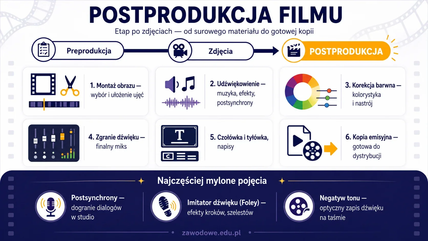 Infografika: postprodukcja filmu — etap po zdjęciach obejmujący montaż obrazu i dźwięku, udźwiękowienie, postsynchrony, korekcję barwną, czołówkę i przygotowanie kopii emisyjnej.