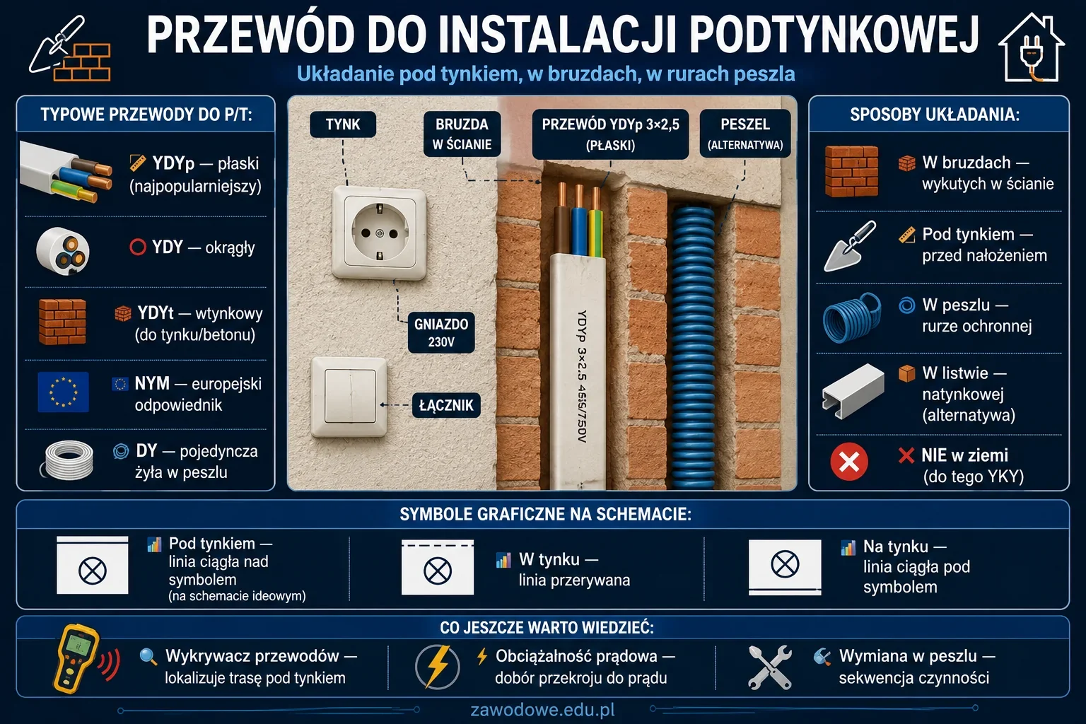 Infografika: przewód do instalacji podtynkowej w ścianie - przekrój bruzdy z układanym YDYp i rurą peszla, typowe przewody (YDYp/YDY/YDYt/NYM/DY), symbole graficzne prowadzenia w tynku/pod tynkiem/na tynku, tabela obciążalności prądowej