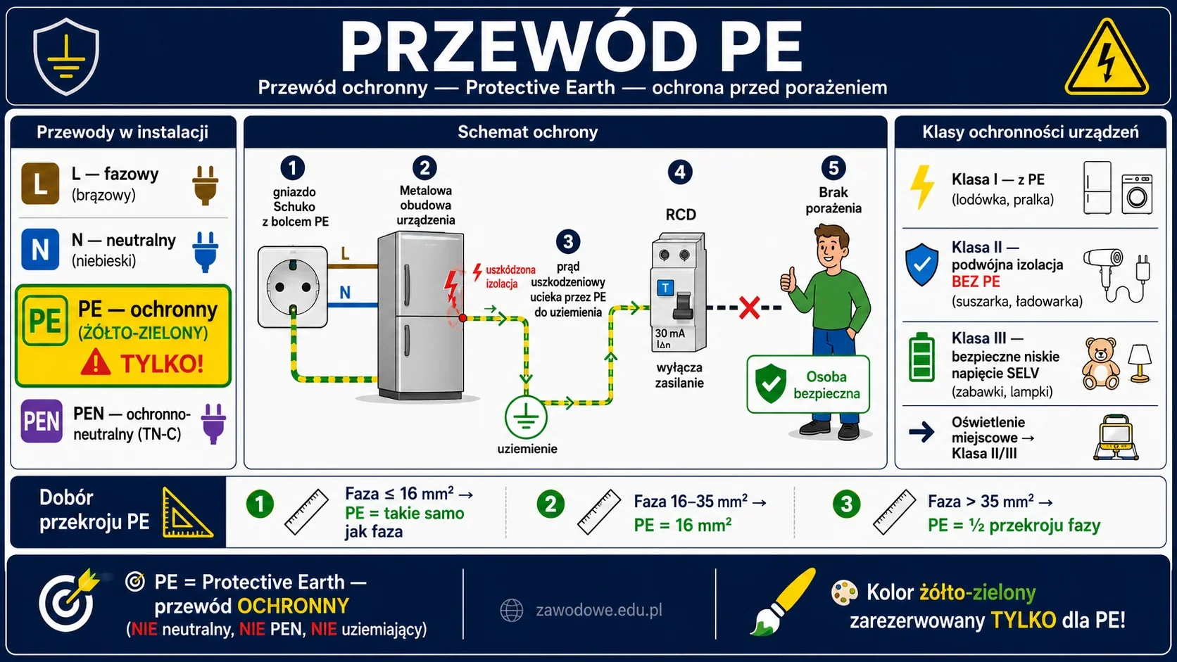 Infografika: przewód PE (Protective Earth, ochronny) - żółto-zielona żyła w instalacji elektrycznej chroniąca przed porażeniem prądem, schemat działania z gniazdem Schuko, klasy ochronności urządzeń I/II/III, dobór przekroju PE względem fazy 16 mm²