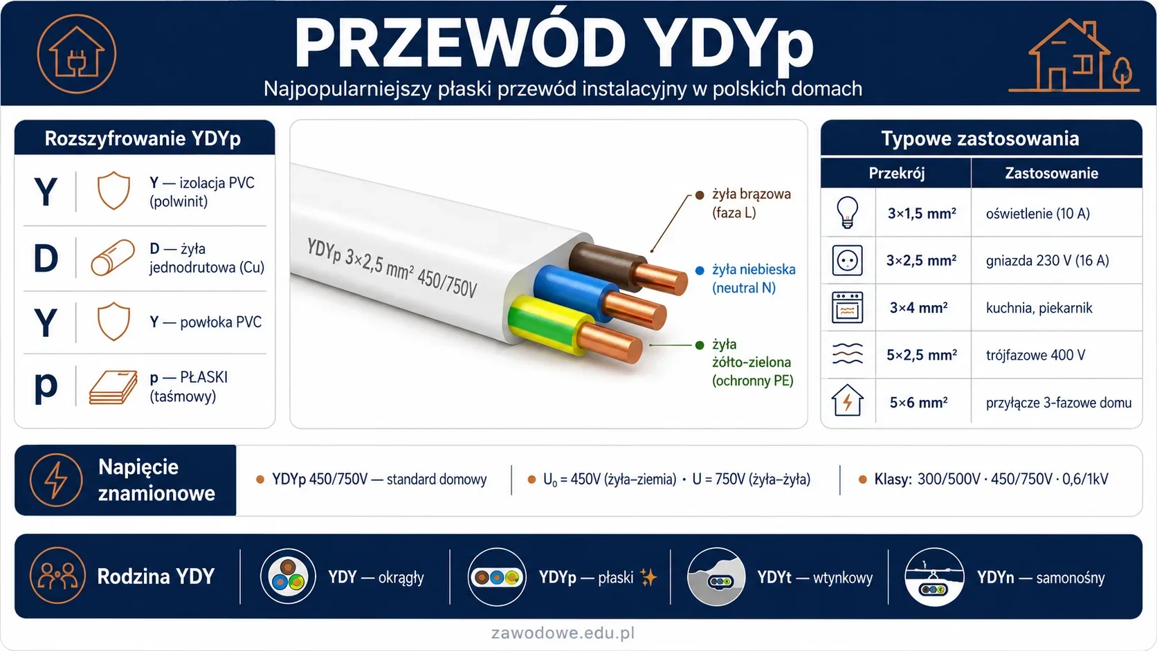 Infografika: przewód YDYp - najpopularniejszy płaski przewód instalacyjny w polskich domach, rozszyfrowanie liter Y-D-Y-p (PVC-jednodrutowa-PVC-płaski), kolory żył brązowy/niebieski/żółto-zielony, napięcia U₀/U 300/500V i 450/750V