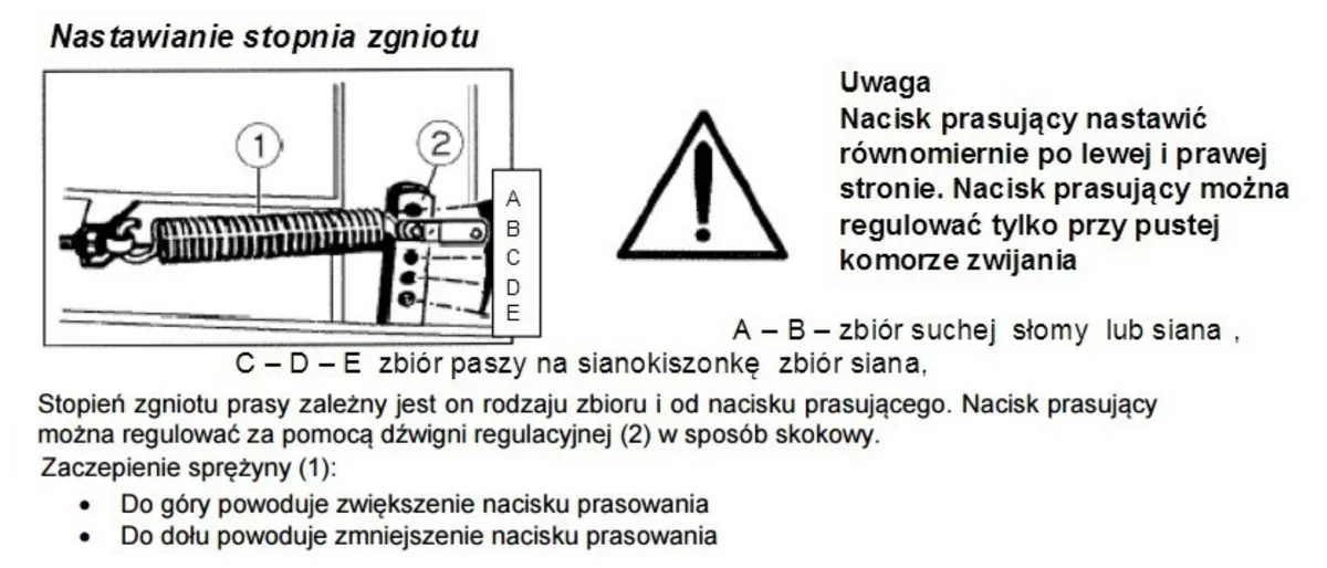 Rysunek z instrukcji prasy - nastawianie stopnia zgniotu dźwignią regulacyjną z pozycjami A-E