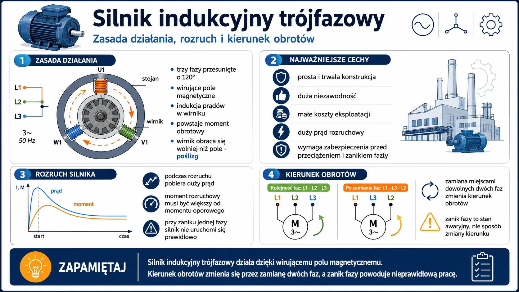 Infografika przedstawiająca silnik indukcyjny trójfazowy, jego zasadę działania, budowę stojana i wirnika, rozruch, poślizg oraz zmianę kierunku obrotów przez zamianę dwóch faz.
