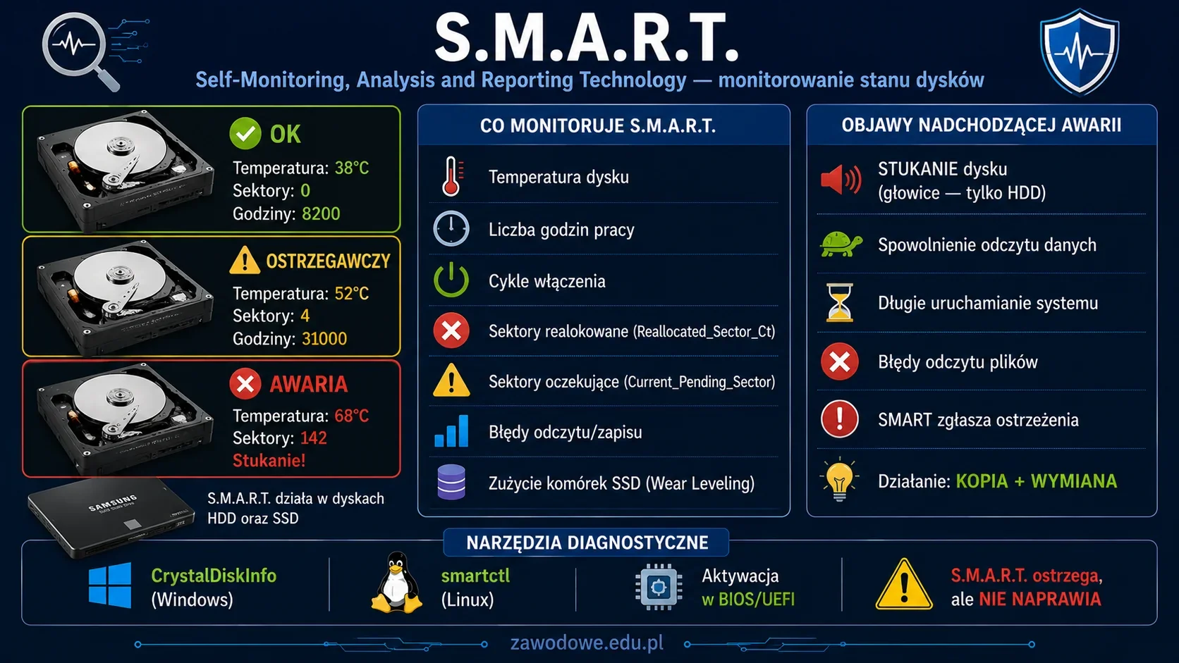 Infografika: S.M.A.R.T. (Self-Monitoring, Analysis and Reporting Technology) — technologia monitorowania stanu dysków HDD i SSD, kluczowe atrybuty (sektory realokowane, temperatura, godziny pracy), objawy awarii (stukanie, spowolnienie) oraz aktywacja w B