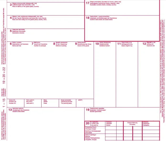 Fragment czerwonego formularza listu przewozowego z polami 3-20