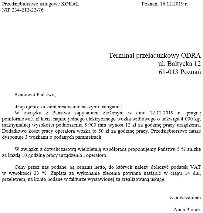 Pismo przedsiębiorstwa usługowego KORAL z ofertą wynajmu wózka widłowego