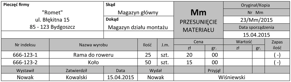 Druk przesunięcia materiału z magazynu głównego do magazynu działu montażu z ilościami i cenami