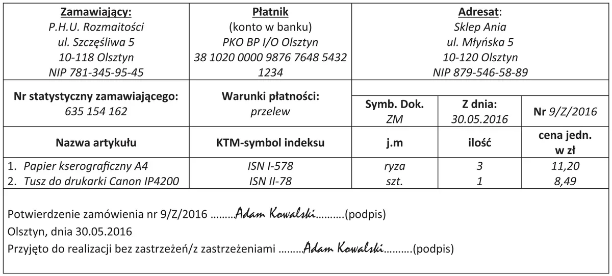 Fragment dokumentu z danymi zamawiającego, płatnika i adresata oraz pozycjami papier kserograficzny i tusz do drukarki