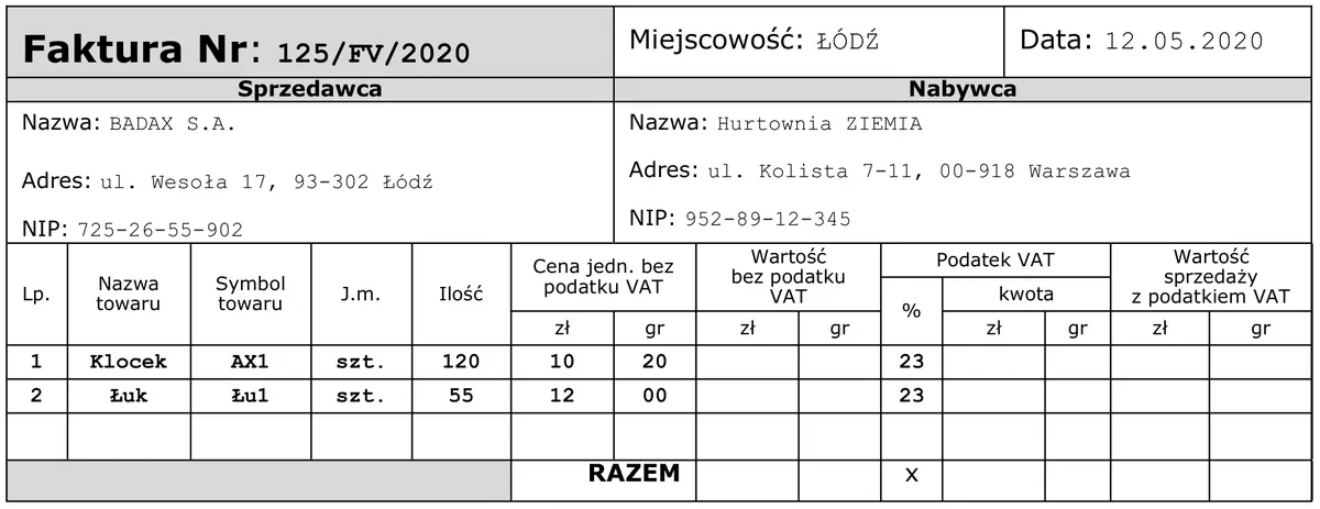 Faktura nr 125/FV/2020 ze sprzedawcą BADAX S.A. i nabywcą Hurtownia ZIEMIA z pozycjami Klocek i Łuk