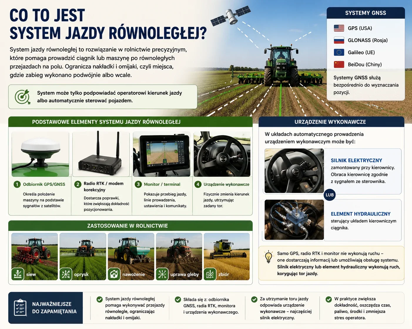 Infografika wyjaśniająca system jazdy równoległej w rolnictwie precyzyjnym, pokazująca ciągnik prowadzony po równoległych liniach, odbiornik GPS/GNSS, radio RTK, monitor oraz urządzenie wykonawcze sterujące kierownicą.