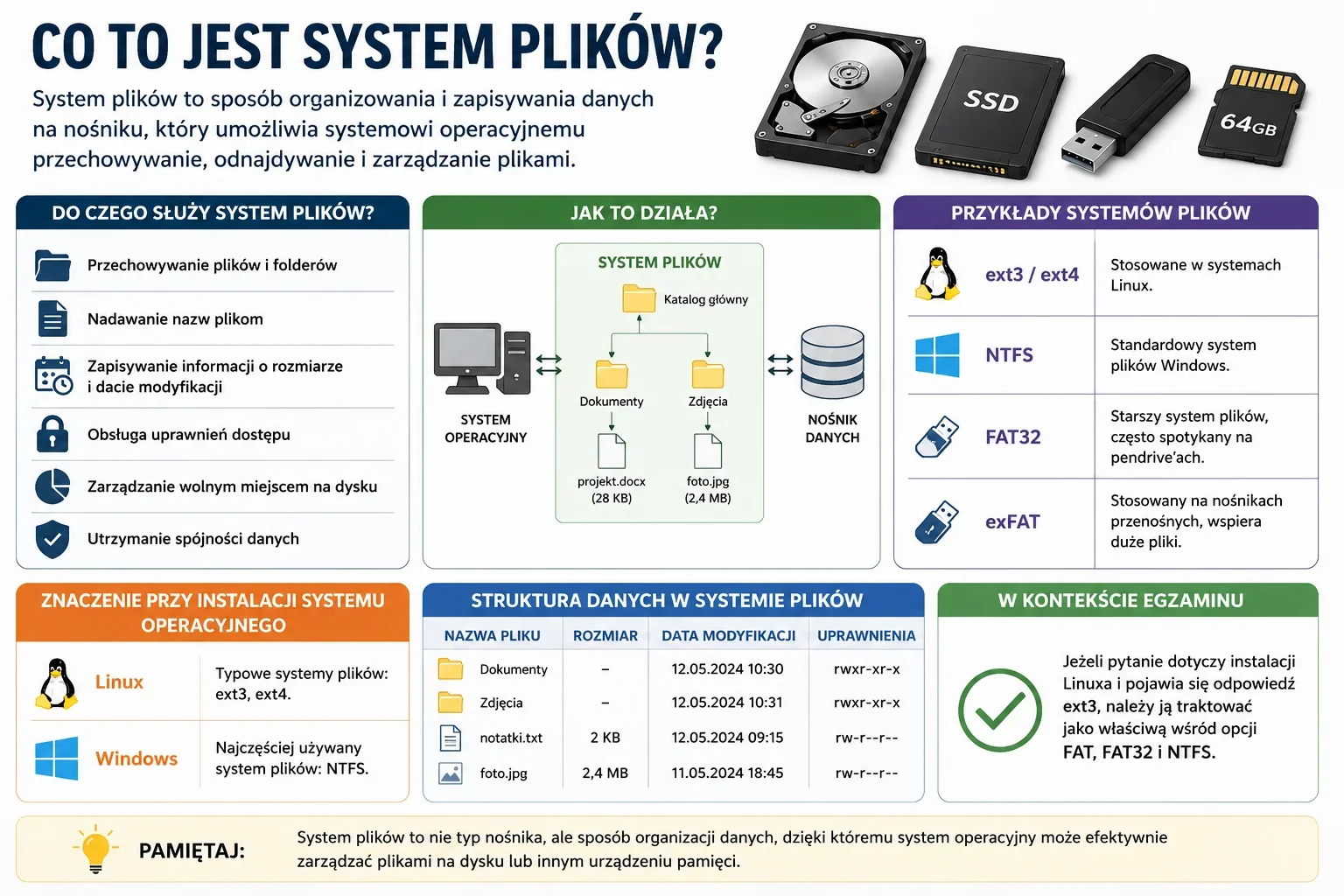 Infografika wyjaśniająca, czym jest system plików, do czego służy oraz pokazująca przykłady systemów plików: ext3, ext4, NTFS, FAT32 i exFAT na nośnikach danych.