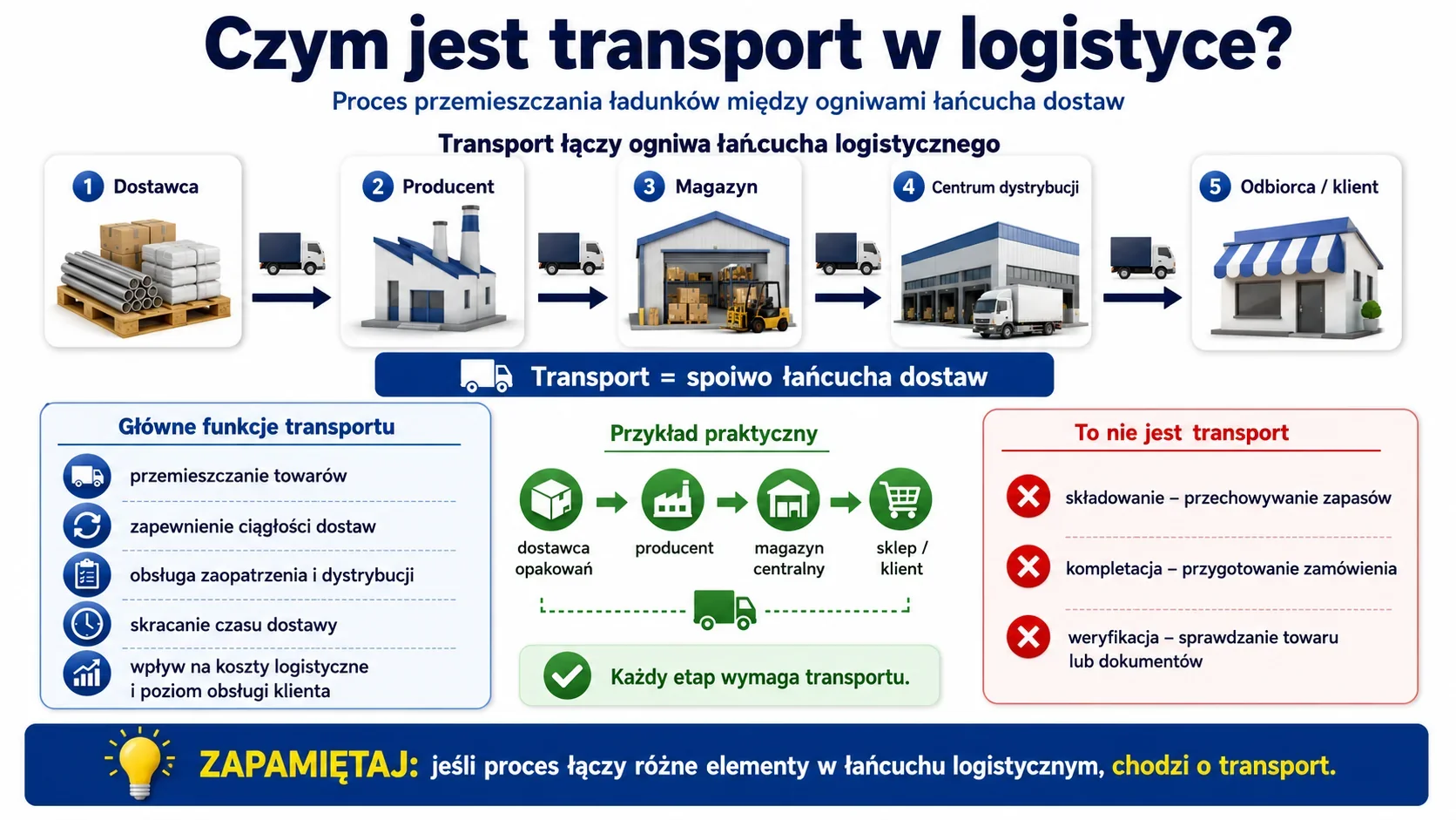 Infografika wyjaśniająca, czym jest transport w logistyce: proces przemieszczania ładunków między dostawcą, producentem, magazynem, centrum dystrybucji i odbiorcą w łańcuchu dostaw.