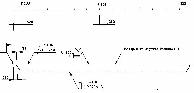 Rysunek fragmentu poszycia zewnętrznego kadłuba PB między wręgami 100 i 112 z elementem HP 370 x 13