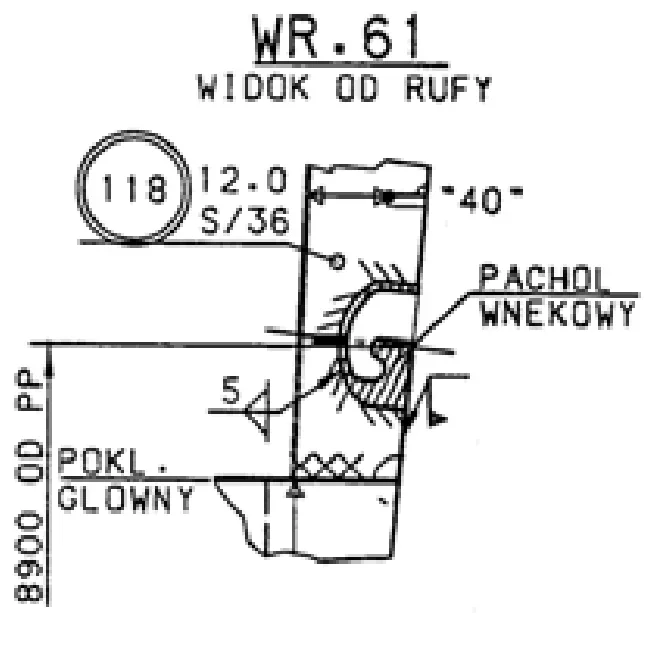 Rysunek wręgu 61 w widoku od rufy z pachołem wnękowym