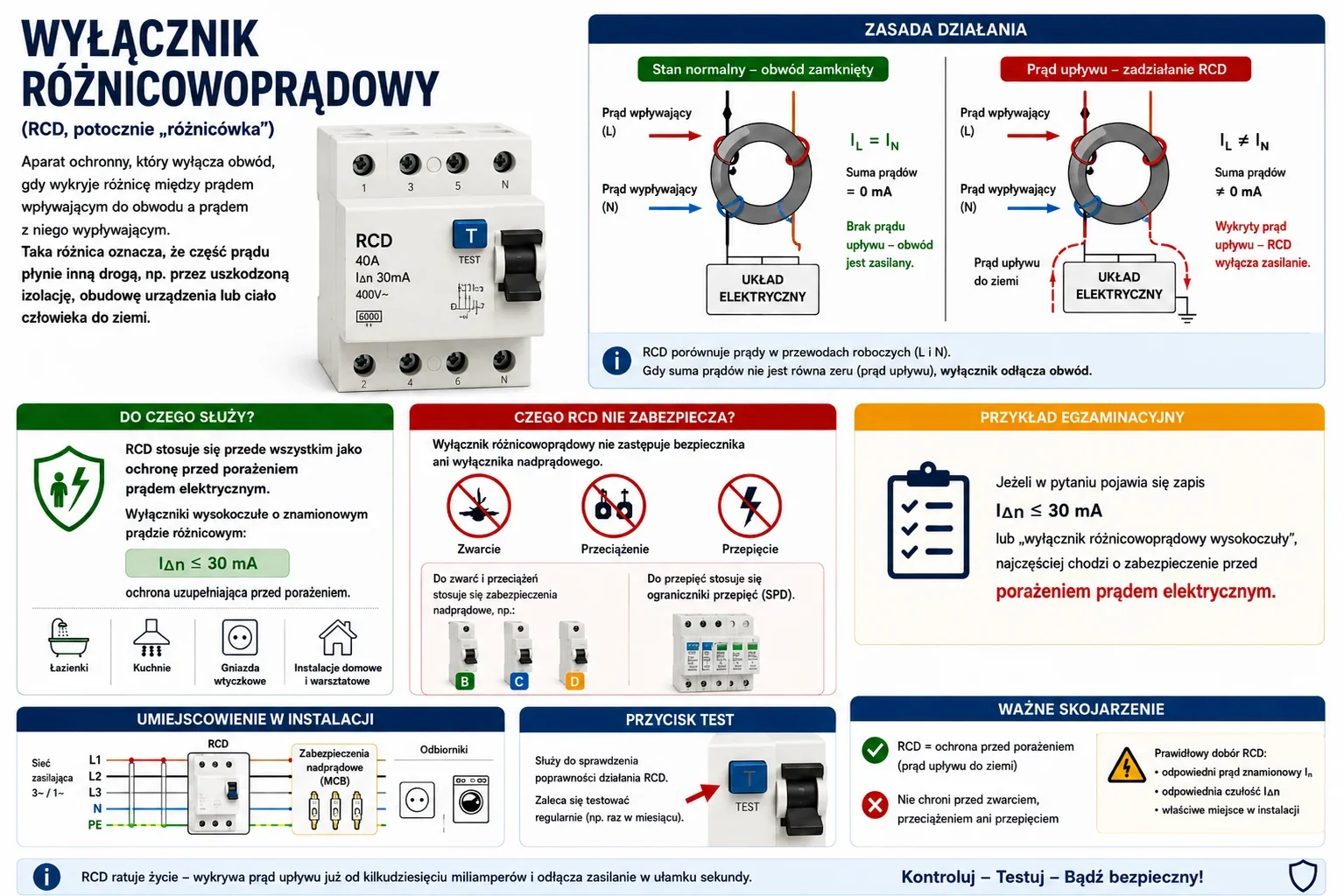 Infografika wyjaśniająca działanie wyłącznika różnicowoprądowego RCD, ochronę przed porażeniem prądem, zasadę wykrywania prądu upływu, przycisk TEST oraz umiejscowienie RCD w instalacji elektrycznej.