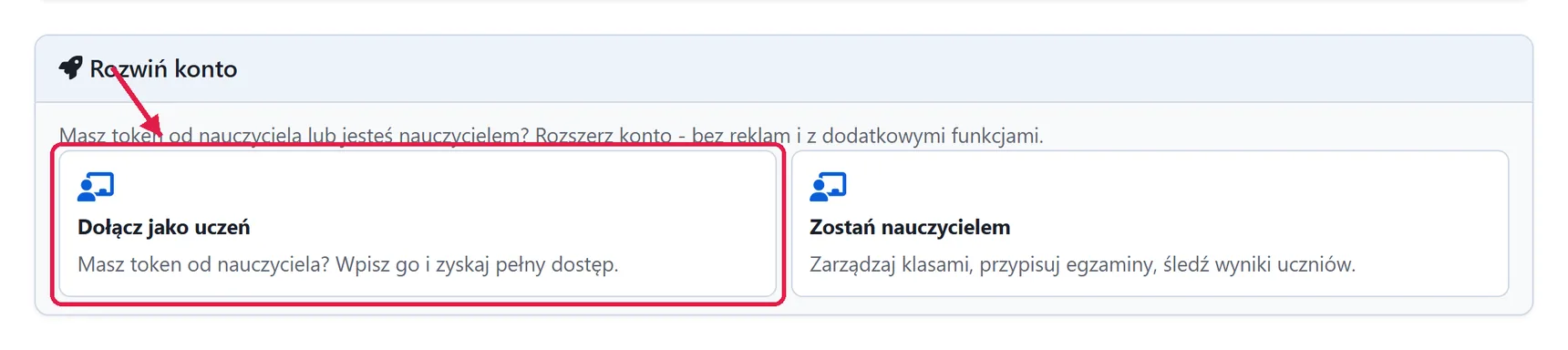 Sekcja Rozwiń konto w profilu ze strzałką wskazującą kafel Dołącz jako uczeń